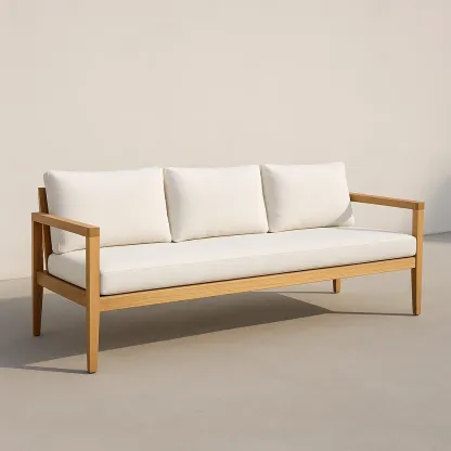 Puutarhasohvat Kolmen Istuttava Ulkosofta Vaalealla Polyesterikangaspäällisellä ja Puisella Rungolla, Mitat 200x70x80 cm