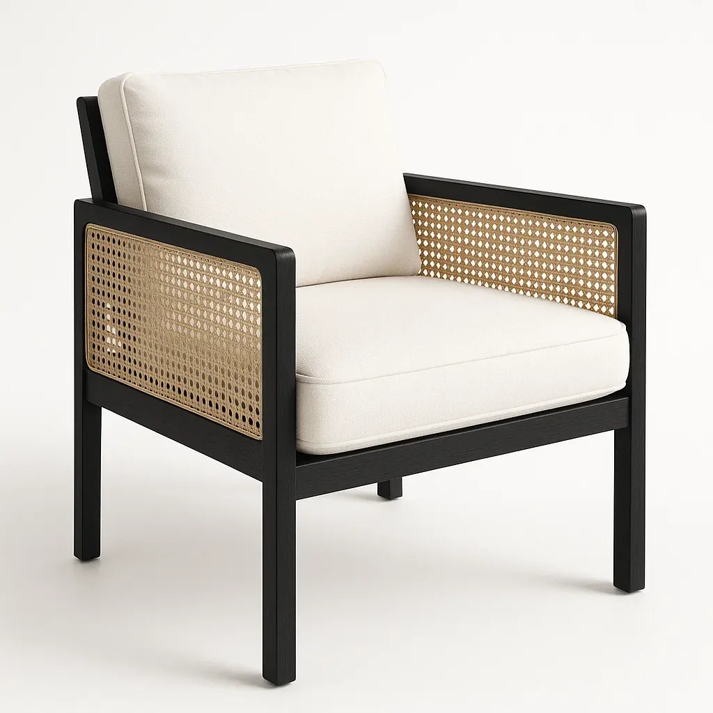 Puutarhatuoli käsinojilla Rottingilla Varustettu Nojatuoli Puukehyksellä 75cm x 70cm x 75cm Musta/Pellavanvärinen