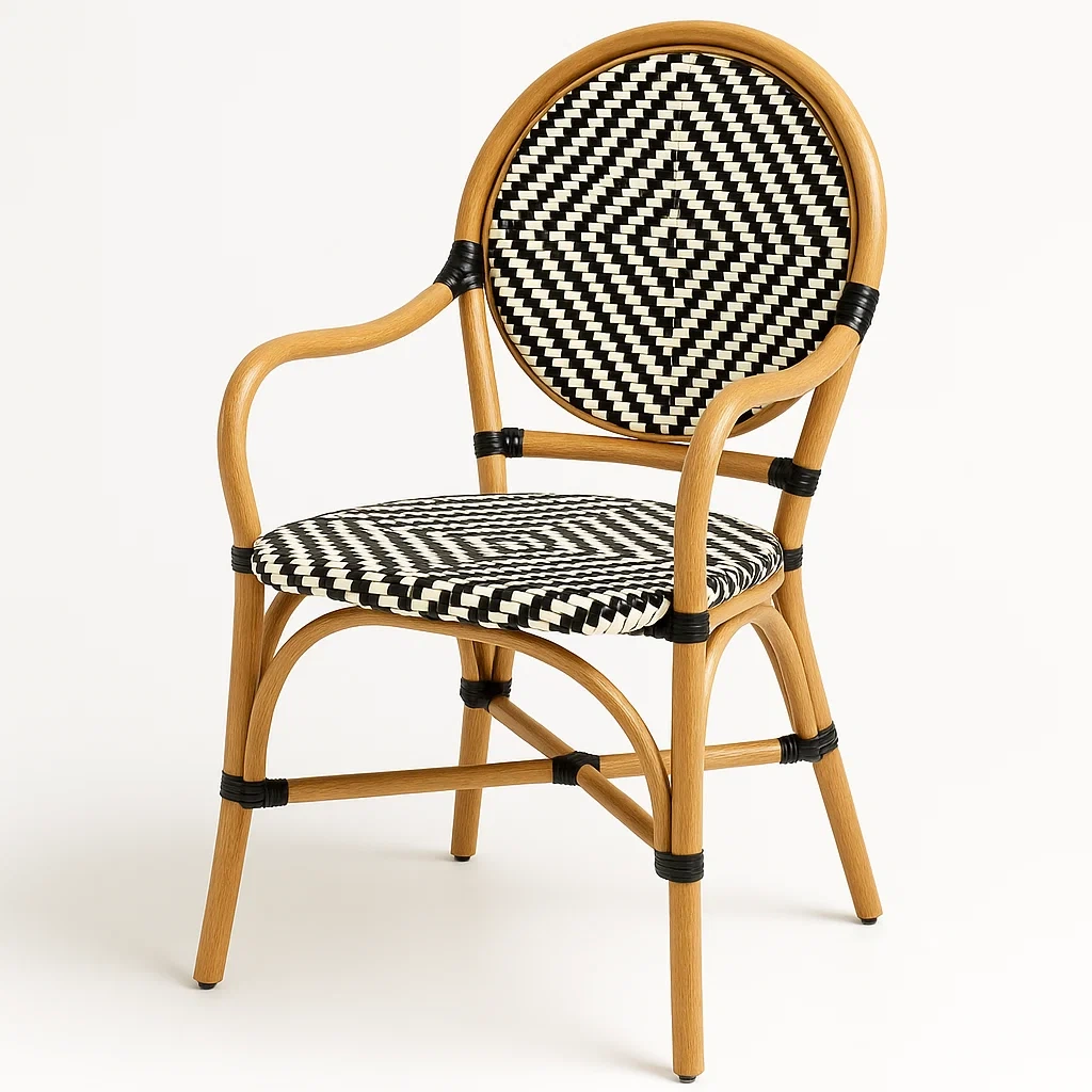 Puutarhatuoli käsinojilla Rottinkituoli Metallirunkoinen Mustavalkoinen Istuinkorkeus 45 cm