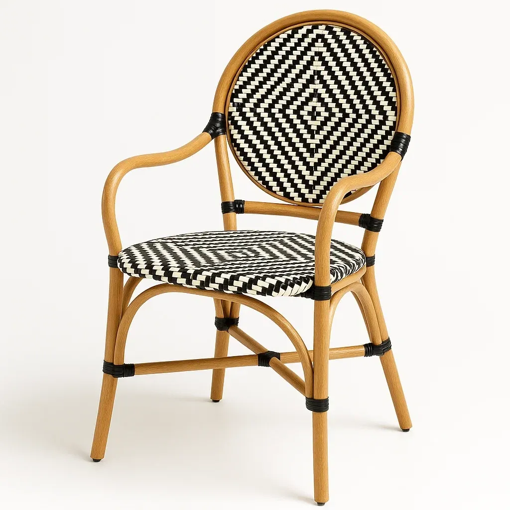 Puutarhatuoli käsinojilla Rottinkituoli Metallirunkoinen Mustavalkoinen Istuinkorkeus 45 cm