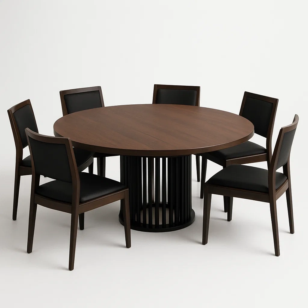 Ruokailuryhmä Pyöreä Pöytä ja 6 Tuolia Pähkinäpuisella Pinnalla ja Mustilla Nahkaisilla Istuimilla