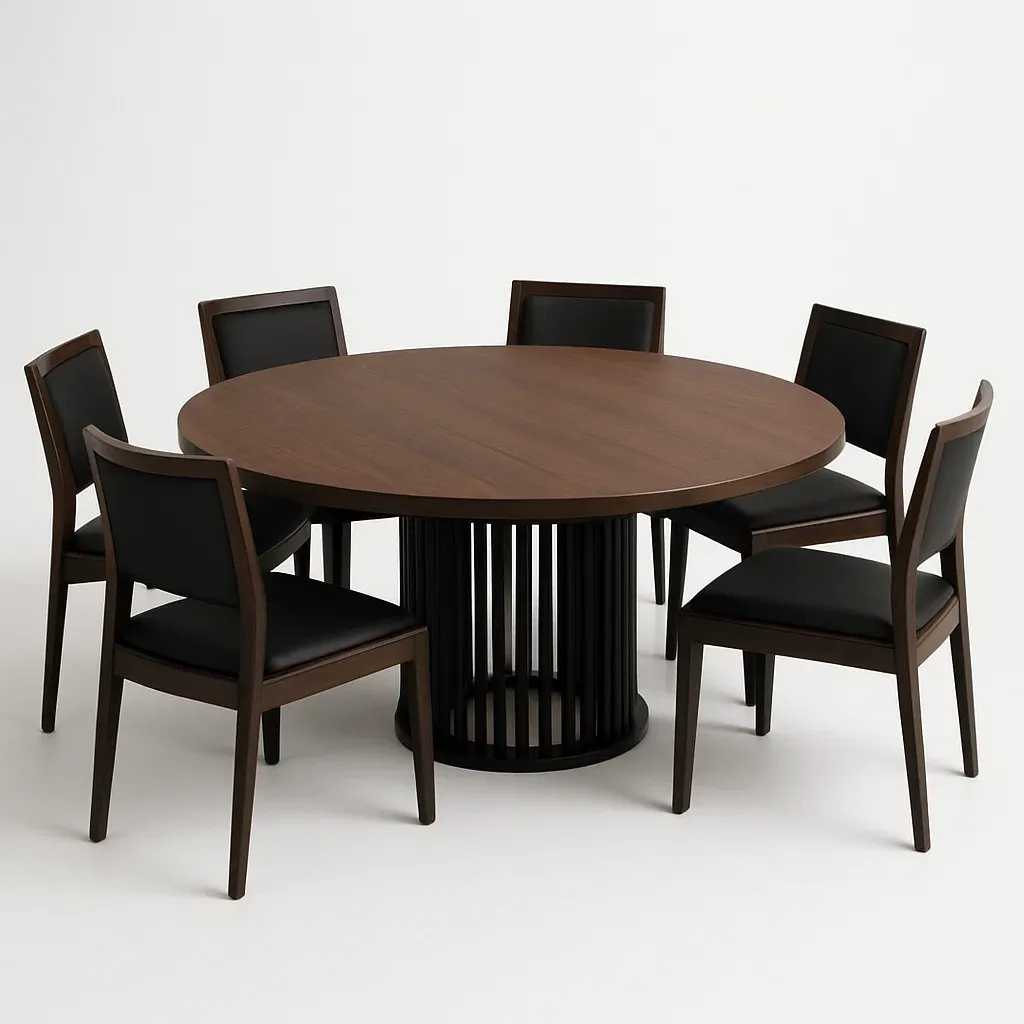 Ruokailuryhmä Pyöreä Pöytä ja 6 Tuolia Pähkinäpuisella Pinnalla ja Mustilla Nahkaisilla Istuimilla