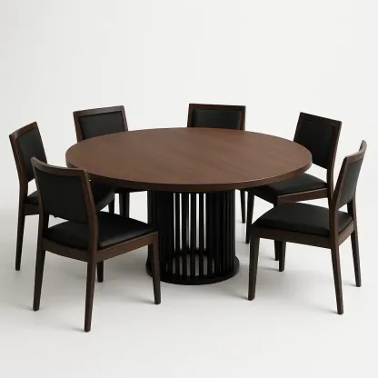 Ruokailuryhmä Pyöreä Pöytä ja 6 Tuolia Pähkinäpuisella Pinnalla ja Mustilla Nahkaisilla Istuimilla