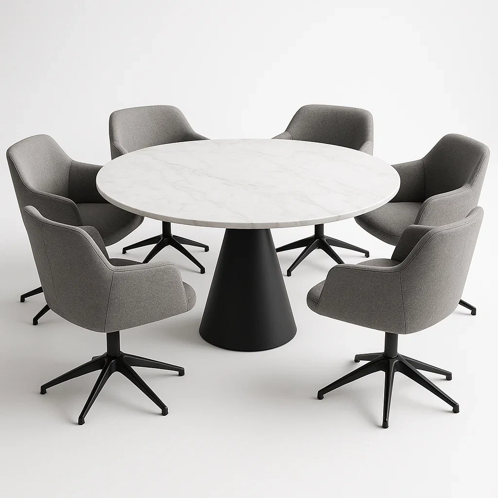 Ruokailuryhmä Pyöreä Marmorinen Pöytälevy 120 cm 6 Harmaat Kangastuolit