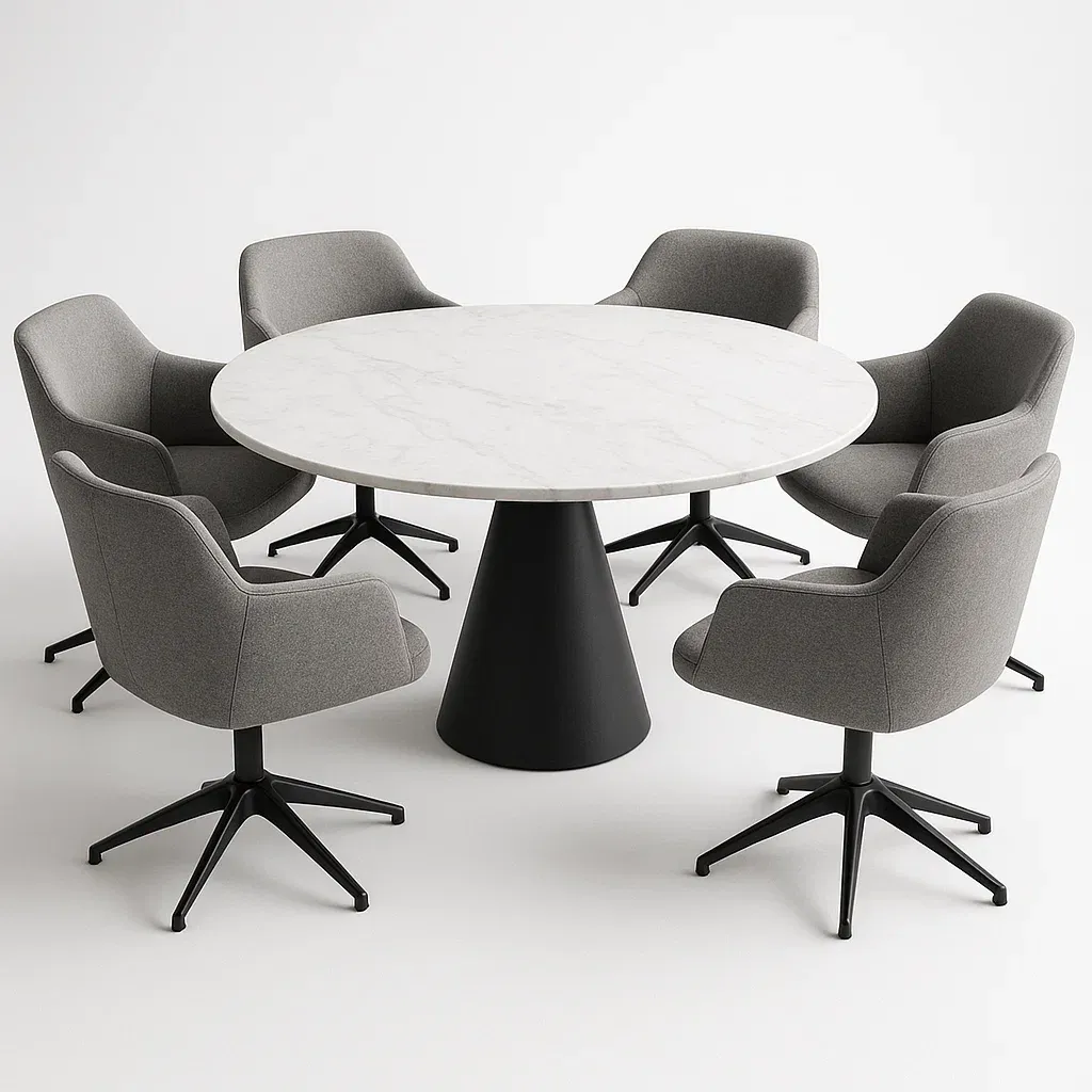 Ruokailuryhmä Pyöreä Marmorinen Pöytälevy 120 cm 6 Harmaat Kangastuolit