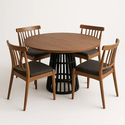Ruokailuryhmä Pyöreä Pöytä ja Neljä Tuolia Puu/Metalli 75cm x 120cm Pähkinänruskea/Musta