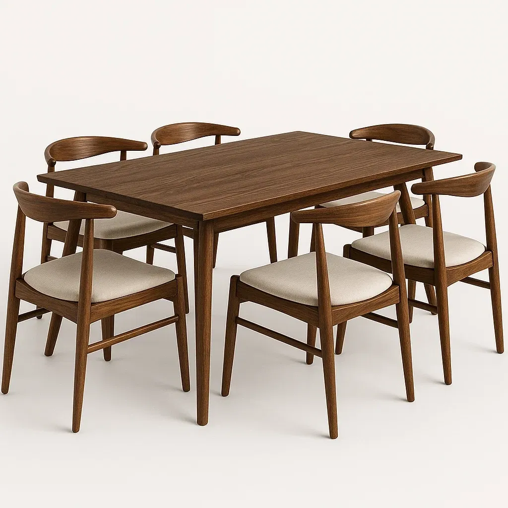 Ruokailuryhmä Pöytä ja 6 Tuolia Suorakulmainen Pähkinä/Huonekalukangas