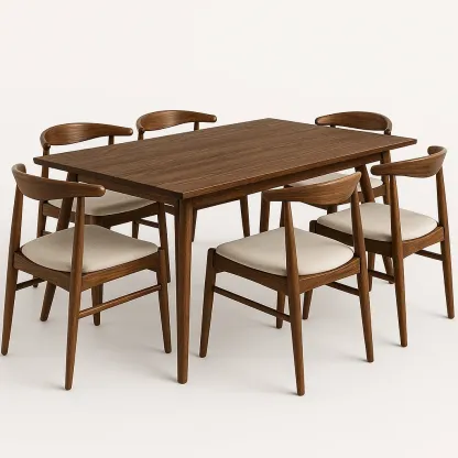 Ruokailuryhmä Pöytä ja 6 Tuolia Suorakulmainen Pähkinä/Huonekalukangas