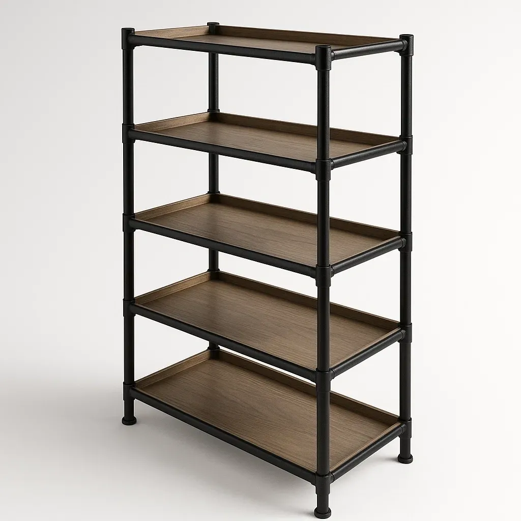 Hylly metallikehikkoinen viiden tason 80x30x150 cm kahvi puukuitulevy