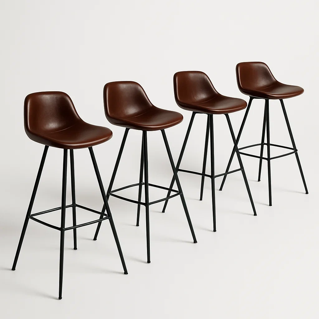 Korkeiden jakkaroiden setti neljä kappaletta ruskea keinonahka musta metalli korkea selkänoja