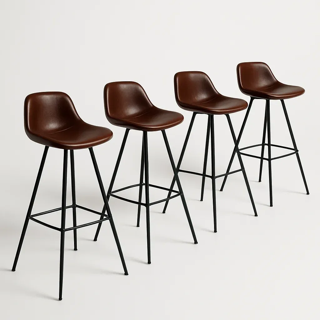 Korkeiden jakkaroiden setti neljä kappaletta ruskea keinonahka musta metalli korkea selkänoja