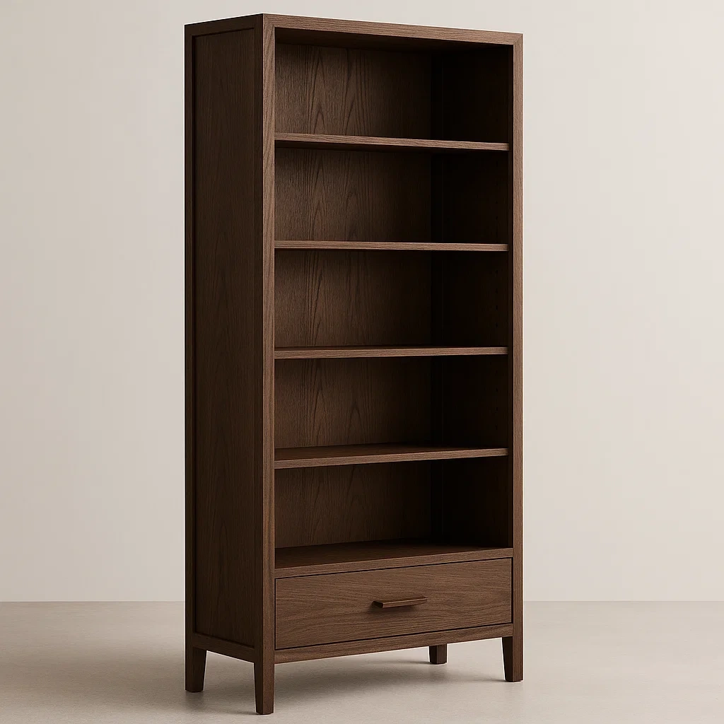 Kirjahylly ruskea puinen viidellä hyllyllä ja yhdellä laatikolla 180x80x30 cm