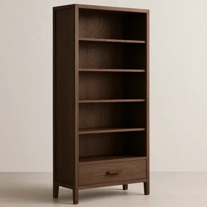 Kirjahylly ruskea puinen viidellä hyllyllä ja yhdellä laatikolla 180x80x30 cm