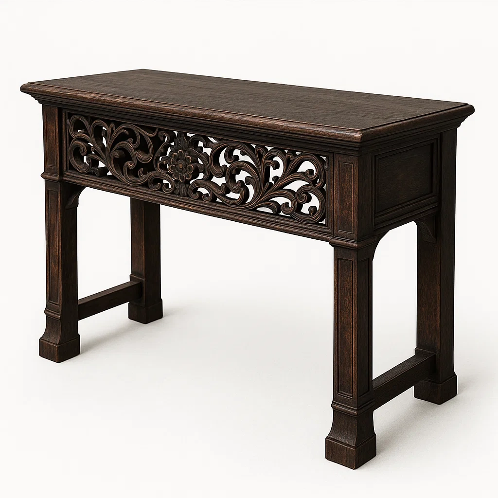 Konsolipöytä puuveistetty koristeellinen pähkinänruskea 120x40x80 cm