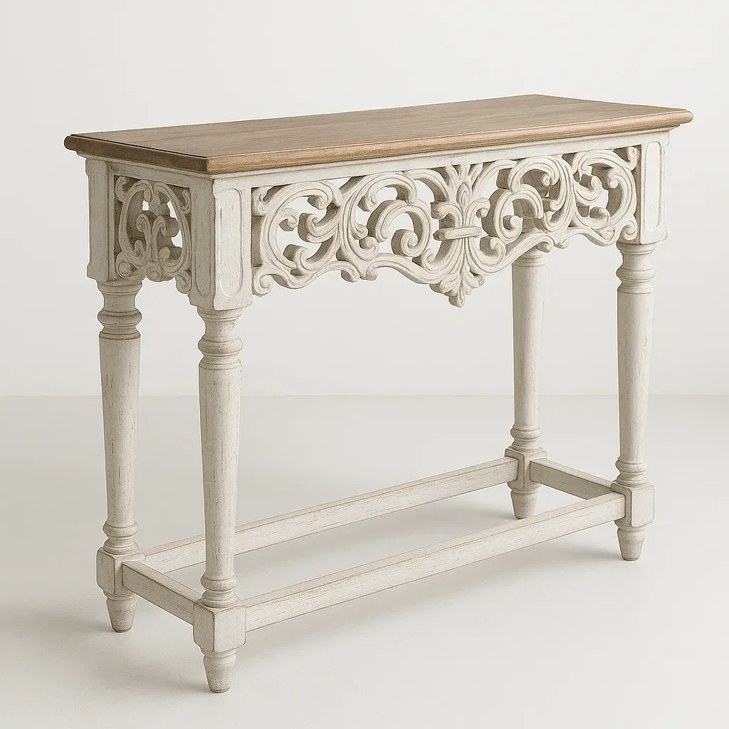 Konsolipöytä puu koristeellisella leikkauksella 110x40x80 cm valkoinen/tammi