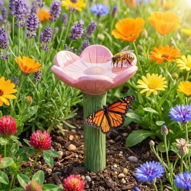 Resin Bee Watering Station with Flower Design Bee Pollinator Feeder Drinking Cup