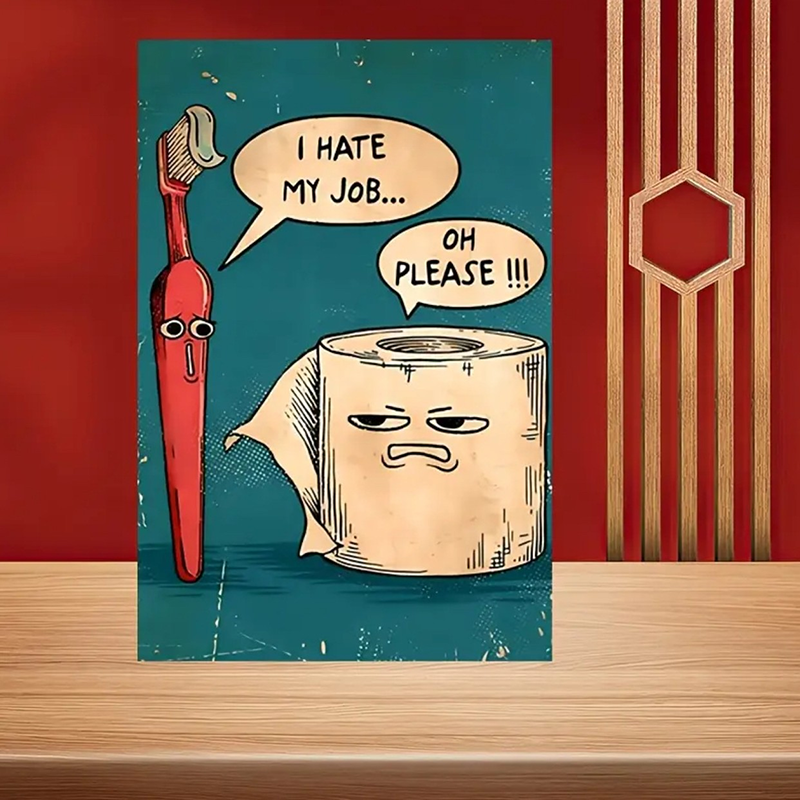 Humorous Vintage-Style Wall Art: Toothbrush & Toilet Paper Design