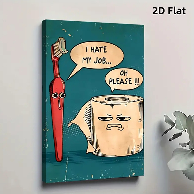 Humorous Vintage-Style Wall Art: Toothbrush & Toilet Paper Design