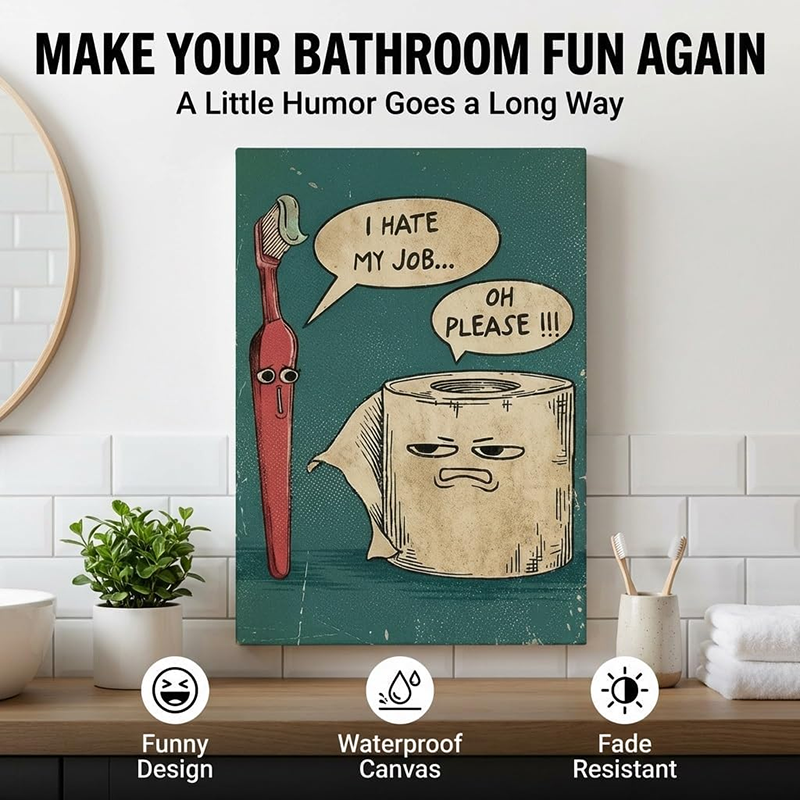 Humorous Vintage-Style Wall Art: Toothbrush & Toilet Paper Design