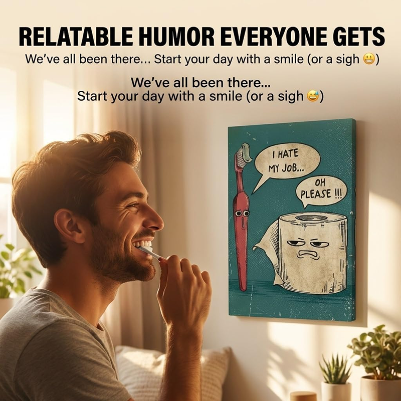 Humorous Vintage-Style Wall Art: Toothbrush & Toilet Paper Design