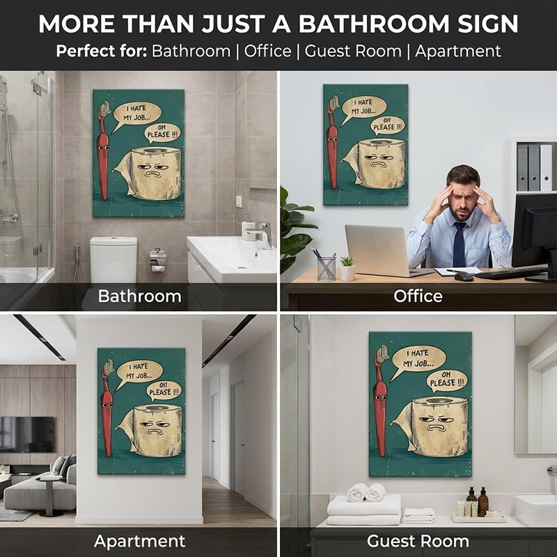Humorous Vintage-Style Wall Art: Toothbrush & Toilet Paper Design
