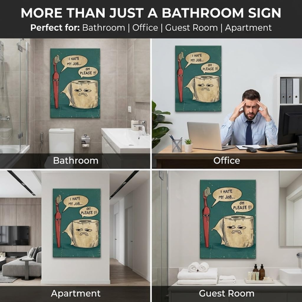 Humorous Vintage-Style Wall Art: Toothbrush & Toilet Paper Design
