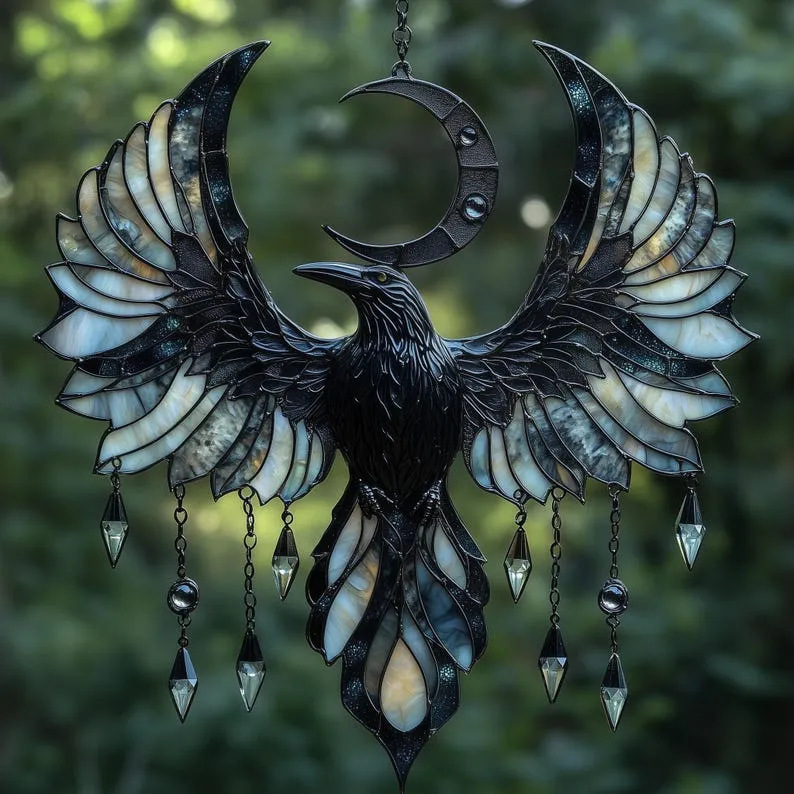 Crescent Moon Raven Acrylic Suncatcher