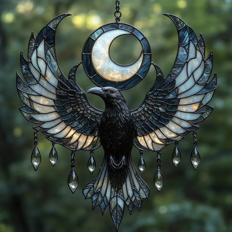 Crescent Moon Raven Acrylic Suncatcher