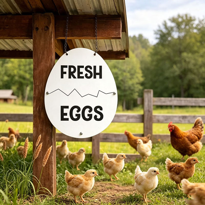 Wooden decorative sign for a fresh egg stall