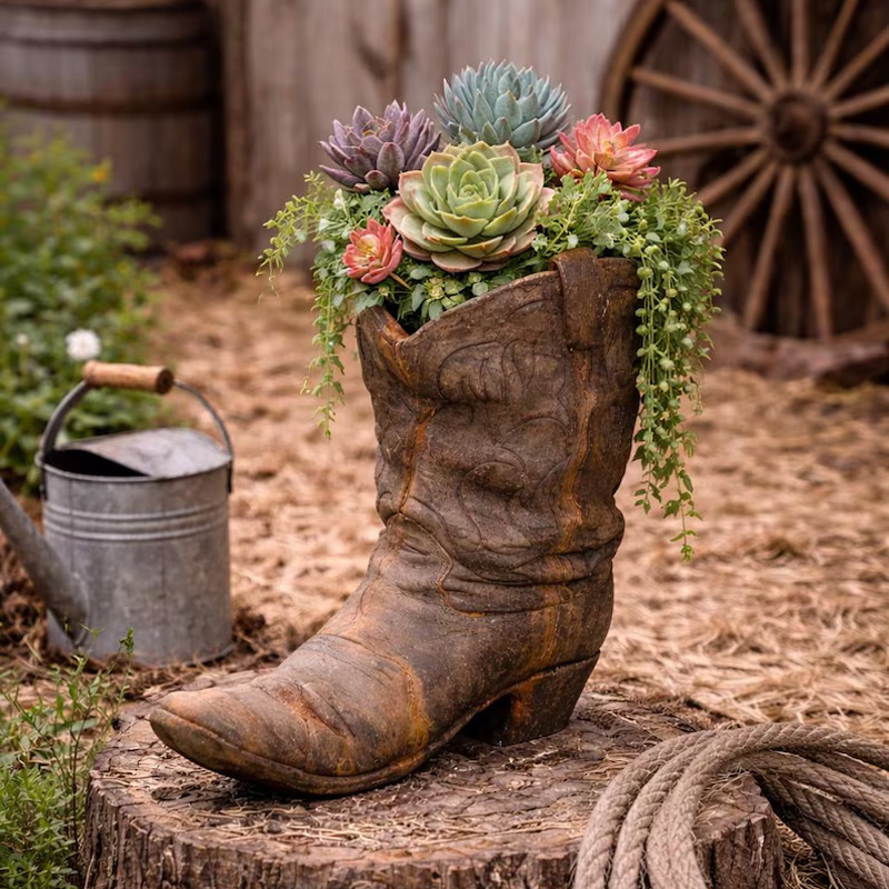Vintage distressed boot-shaped flower pot