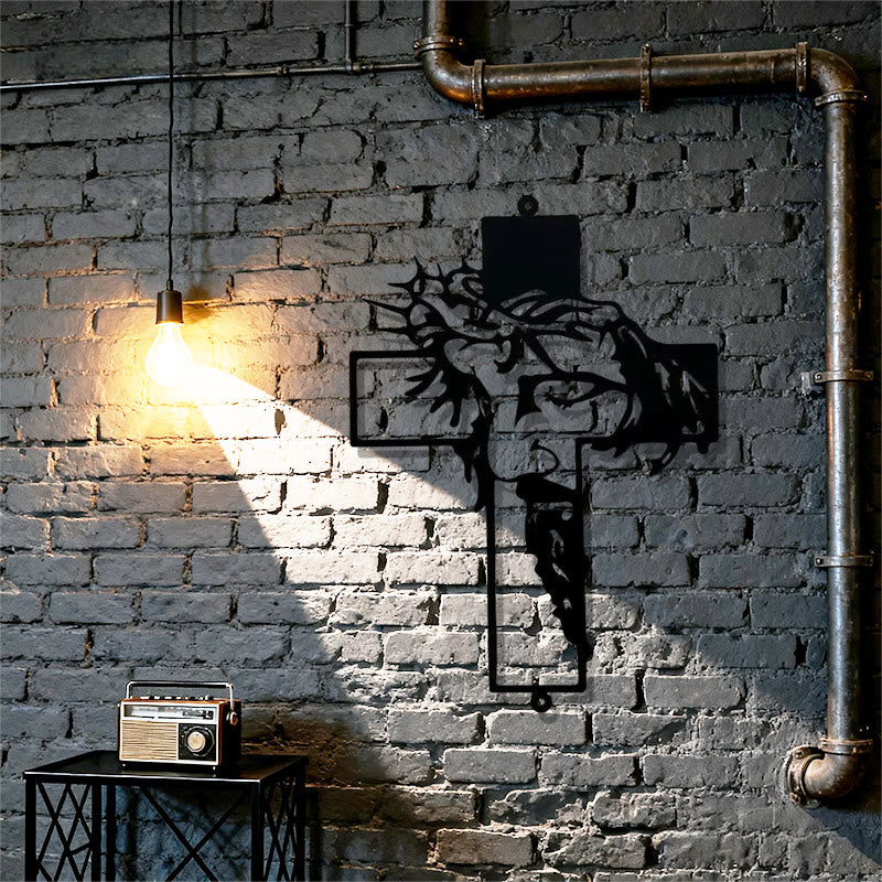 Black Metal Jesus with Crown of Thorns Cross Metal Wall Decor