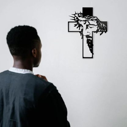 Black Metal Jesus with Crown of Thorns Cross Metal Wall Decor