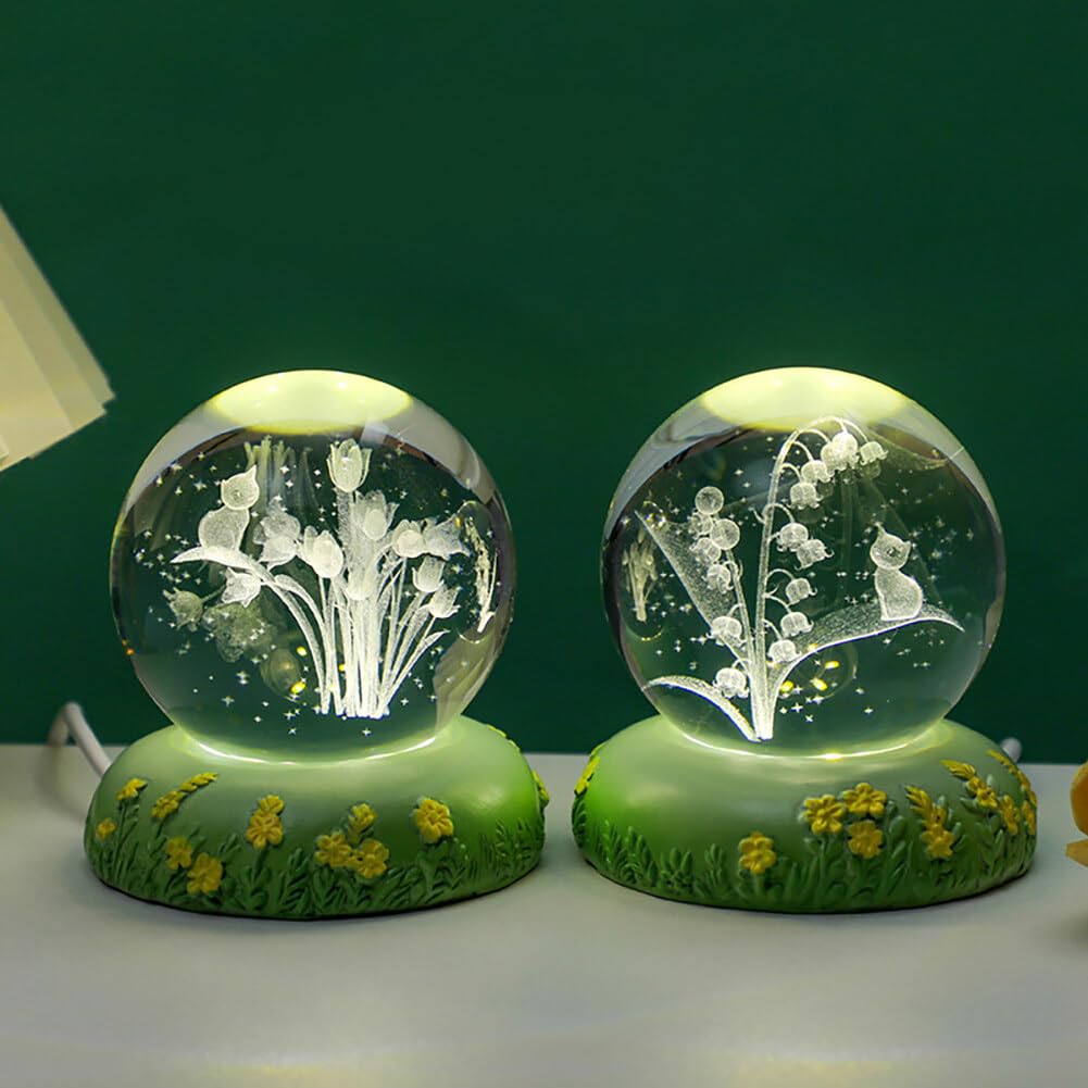 3D Flower Shaped Kitten Crystal Ball Night Light