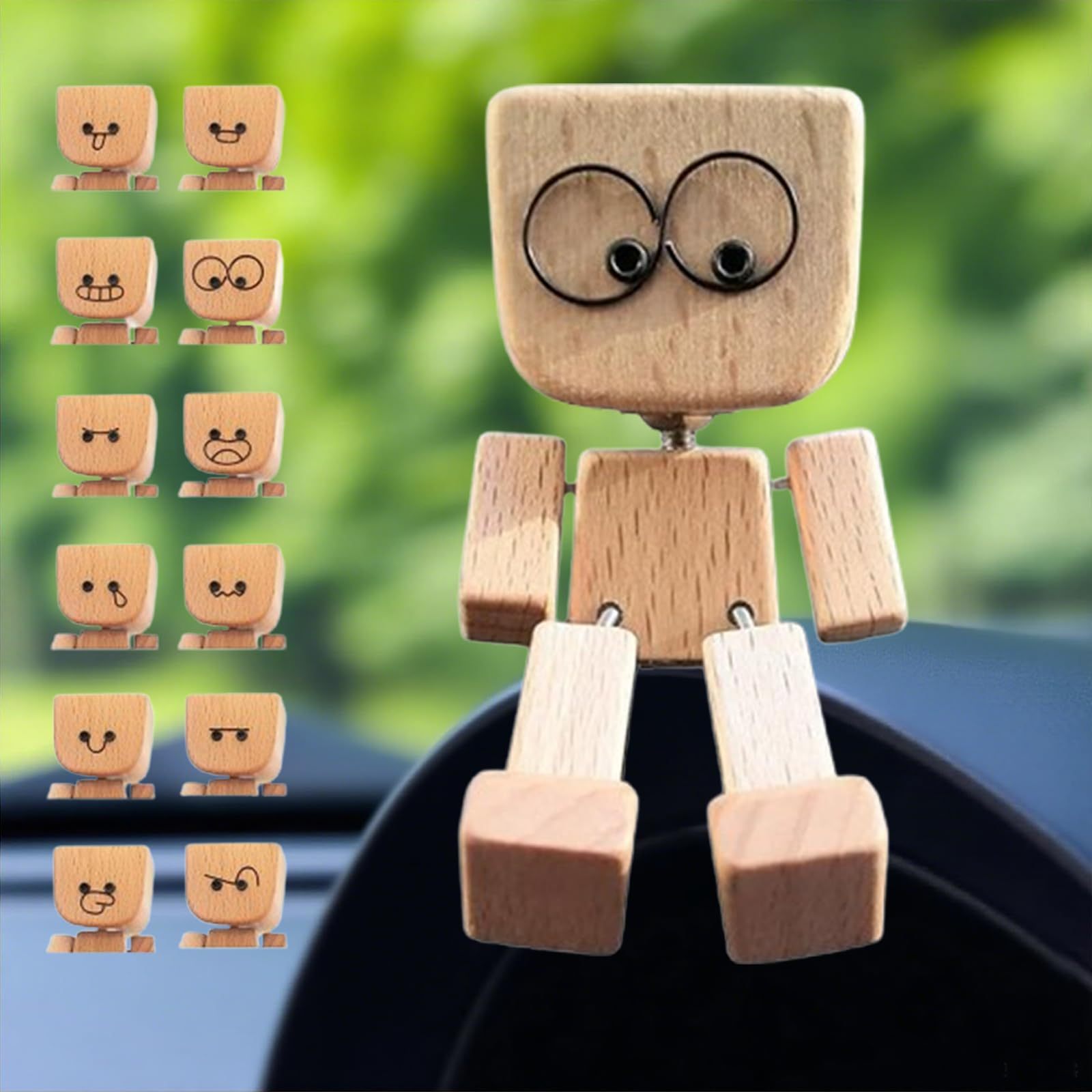 Shaking Wooden Man Figurine(Includes 12 Magnetic Expressions)