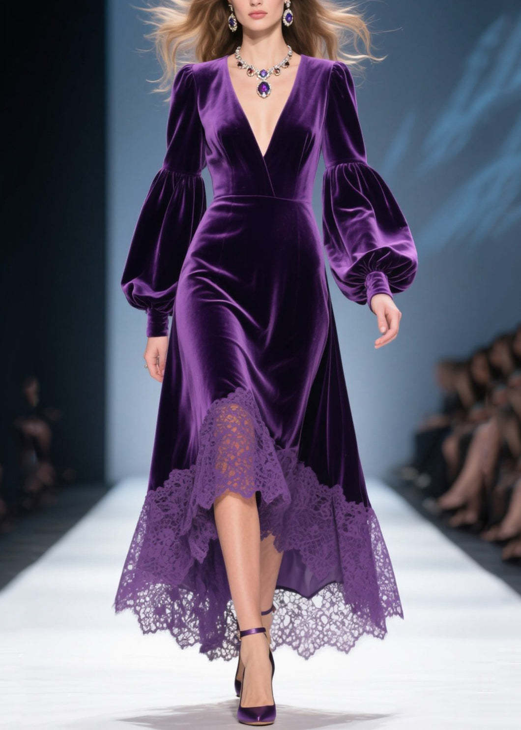Classy Purple V Neck Patchwork Lace Silk Velvet Robe Dresses Lantern Sleeve