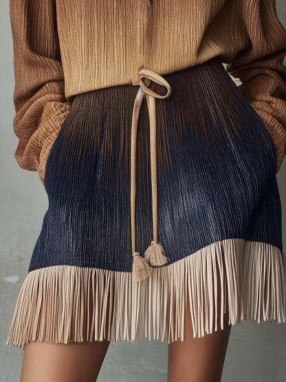 Ombre Midi Dress With Fringe And Tie Waist
