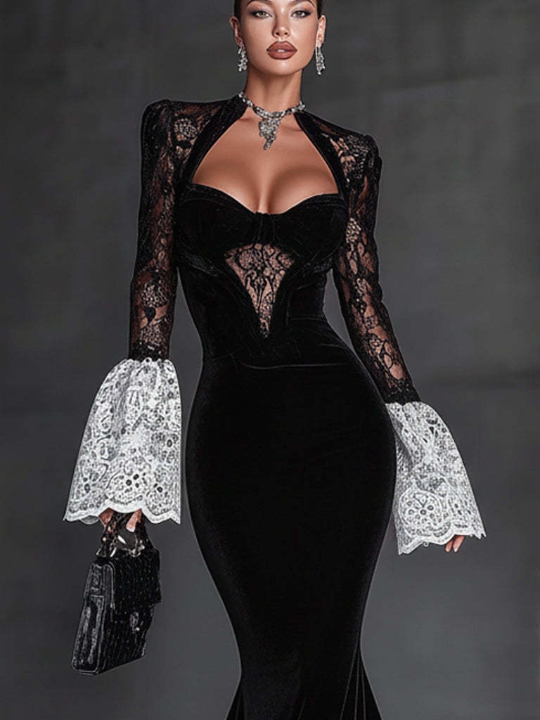 Black Velvet Lace Paneled Bell Sleeve Bodycon Dress