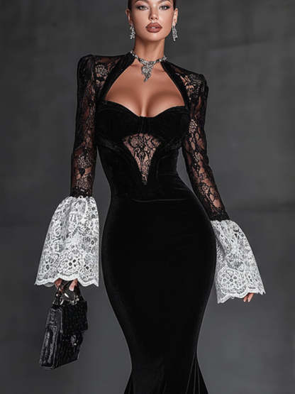 Black Velvet Lace Paneled Bell Sleeve Bodycon Dress