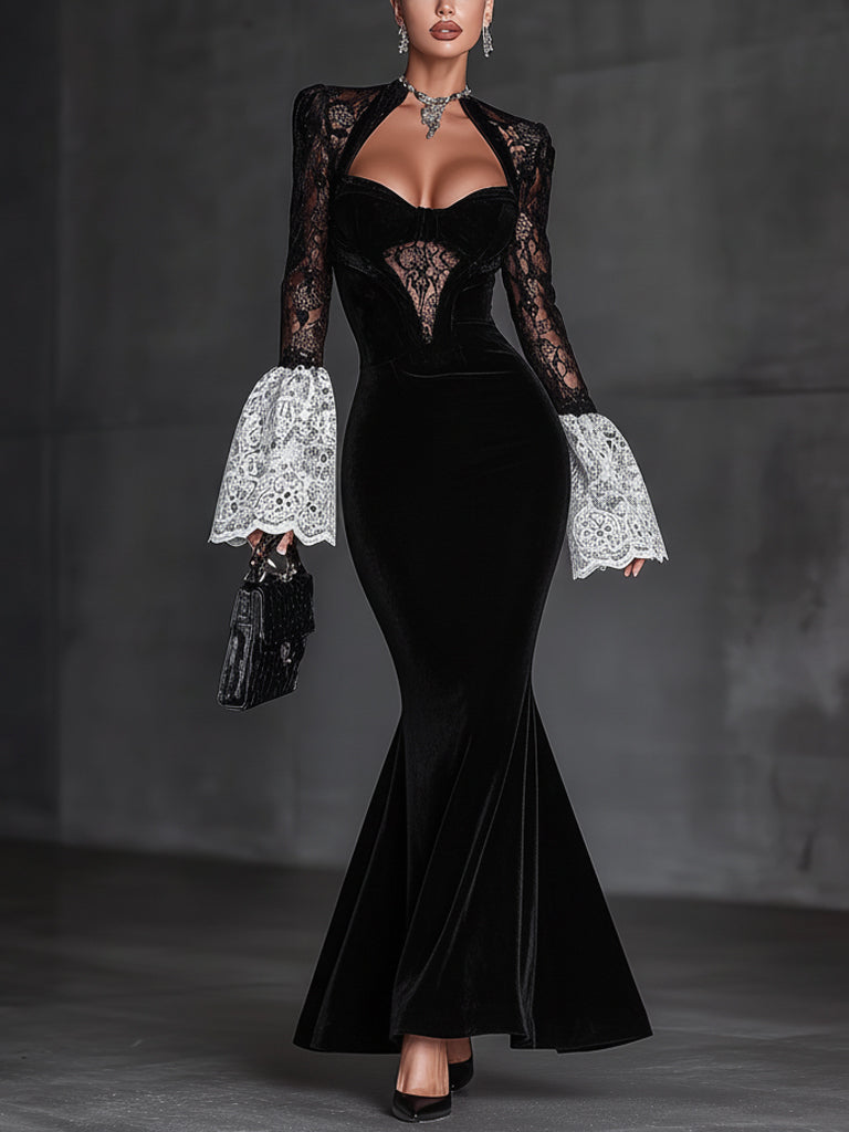 Black Velvet Lace Paneled Bell Sleeve Bodycon Dress