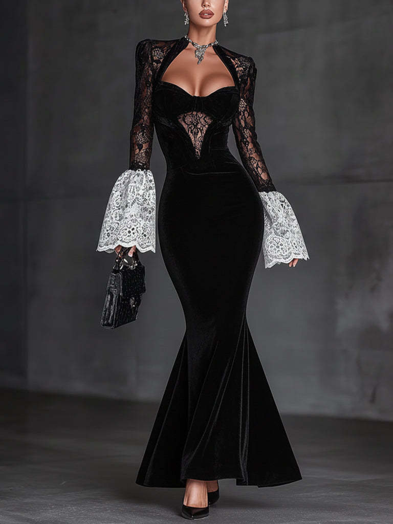 Black Velvet Lace Paneled Bell Sleeve Bodycon Dress
