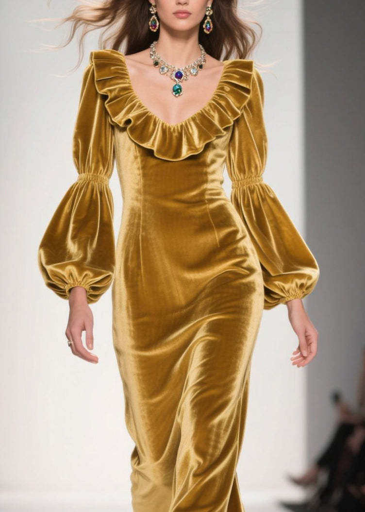 Original Design Yellow Ruffled Patchwork Velvet Long Dress Fall