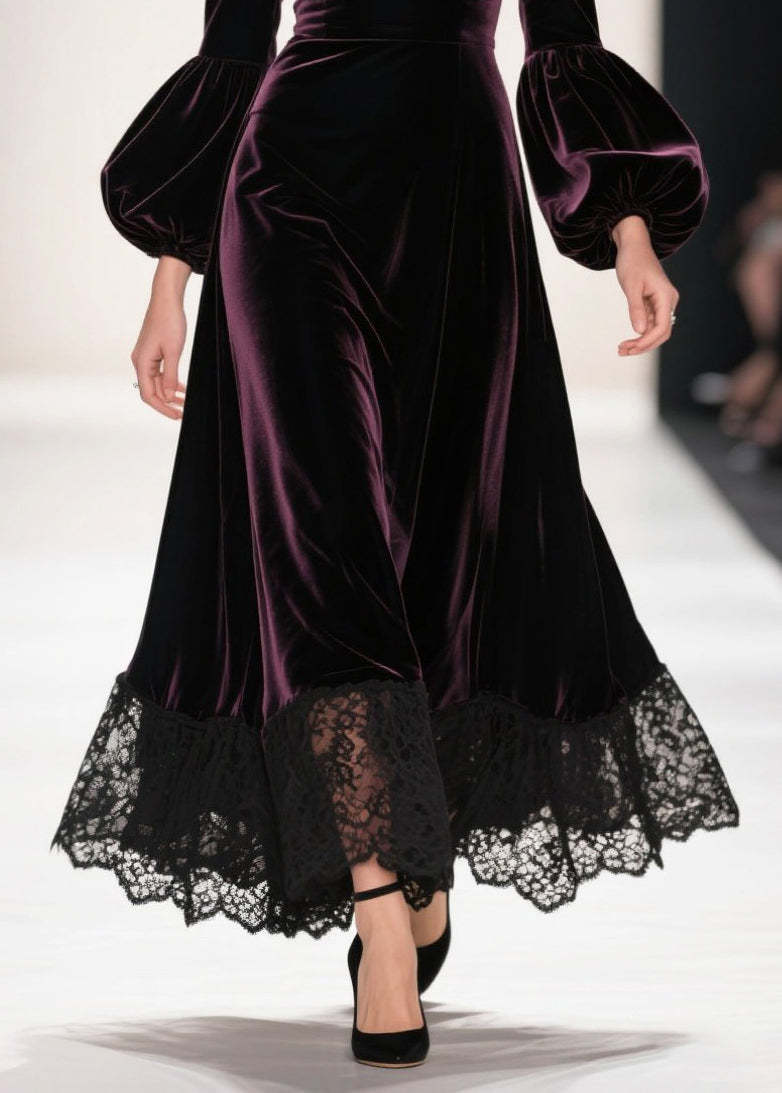 Dull Purple Patchwork Silk Velvet Maxi Dresses Deep-V Neck Lantern Sleeve