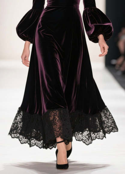 Dull Purple Patchwork Silk Velvet Maxi Dresses Deep-V Neck Lantern Sleeve