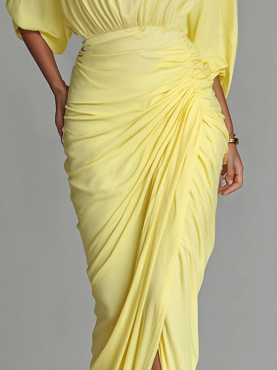 Bright Yellow Drape Comfortable Blended Maxi Dress