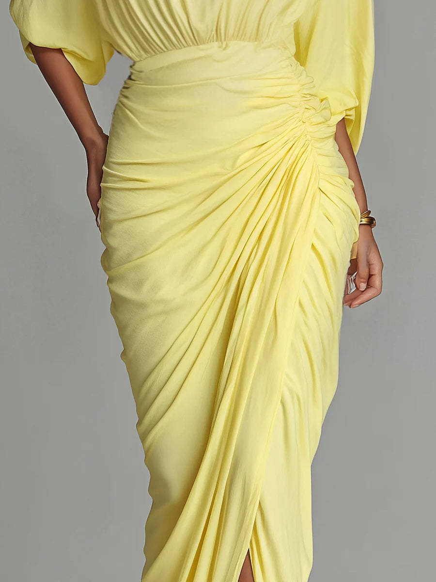 Bright Yellow Drape Comfortable Blended Maxi Dress