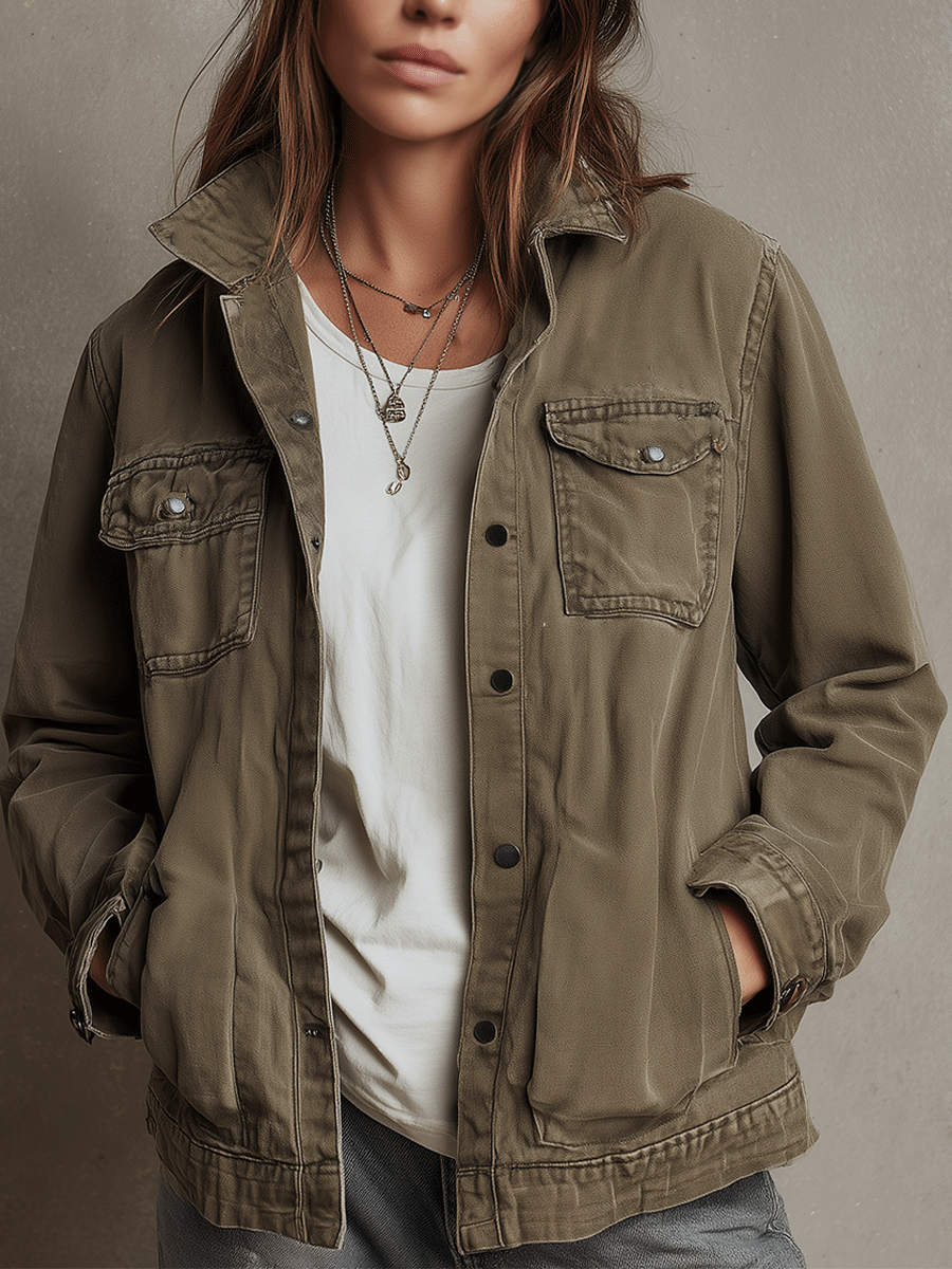 Casual Olive Cotton Utility Jacket