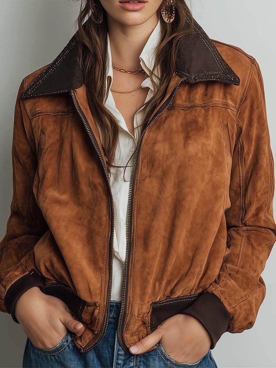 Vintage Distressed Suede Bomber Jacket