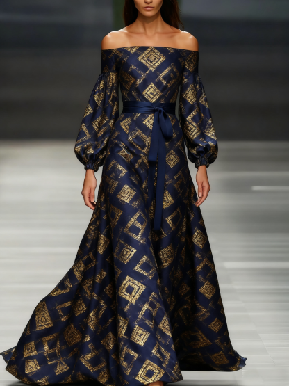 Women's off-the-shoulder long-sleeved green chiffon dress