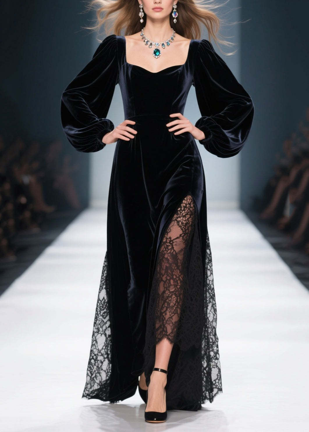 Stylish Black Square Collar Lace Patchwork Silk Velvet Dresses Spring