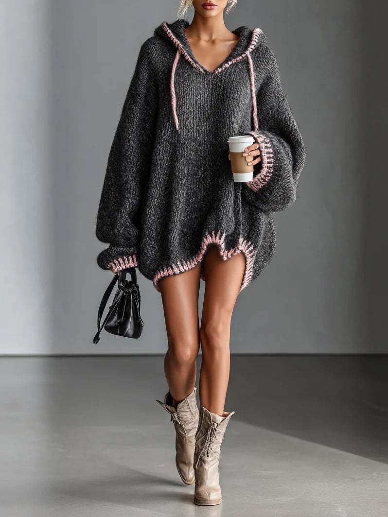 Loose-fitting hooded pink-trimmed knitted mini dress